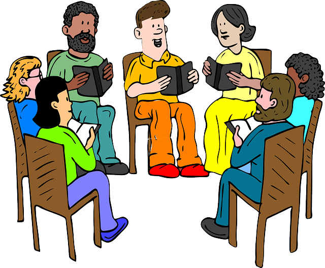 Drawing of adults discussing books